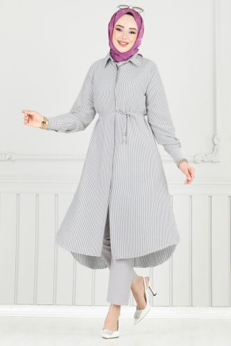 moda selvim Beli Bağcıklı Çizgili Tunik 3106HBS856 Siyah - Thumbnail