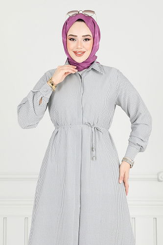 moda selvim Beli Bağcıklı Çizgili Tunik 3106HBS856 Siyah - Thumbnail