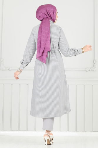 moda selvim Beli Bağcıklı Çizgili Tunik 3106HBS856 Siyah - Thumbnail
