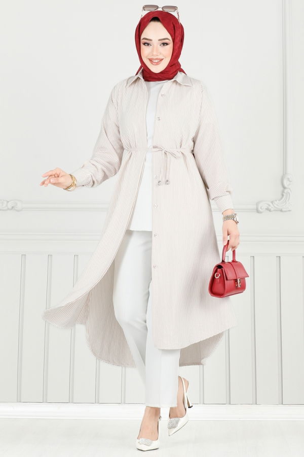 Modaselvim Tunik Beli Bağcıklı Çizgili Tunik 3106HBS856 Vizyon