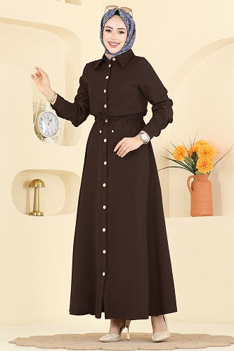 moda selvim Beli Bağcıklı Dabıl Elbise 3327BLU797 Acı Kahve - Thumbnail