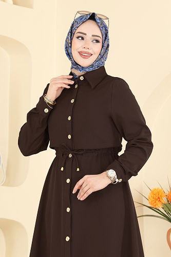 moda selvim Beli Bağcıklı Dabıl Elbise 3327BLU797 Acı Kahve - Thumbnail