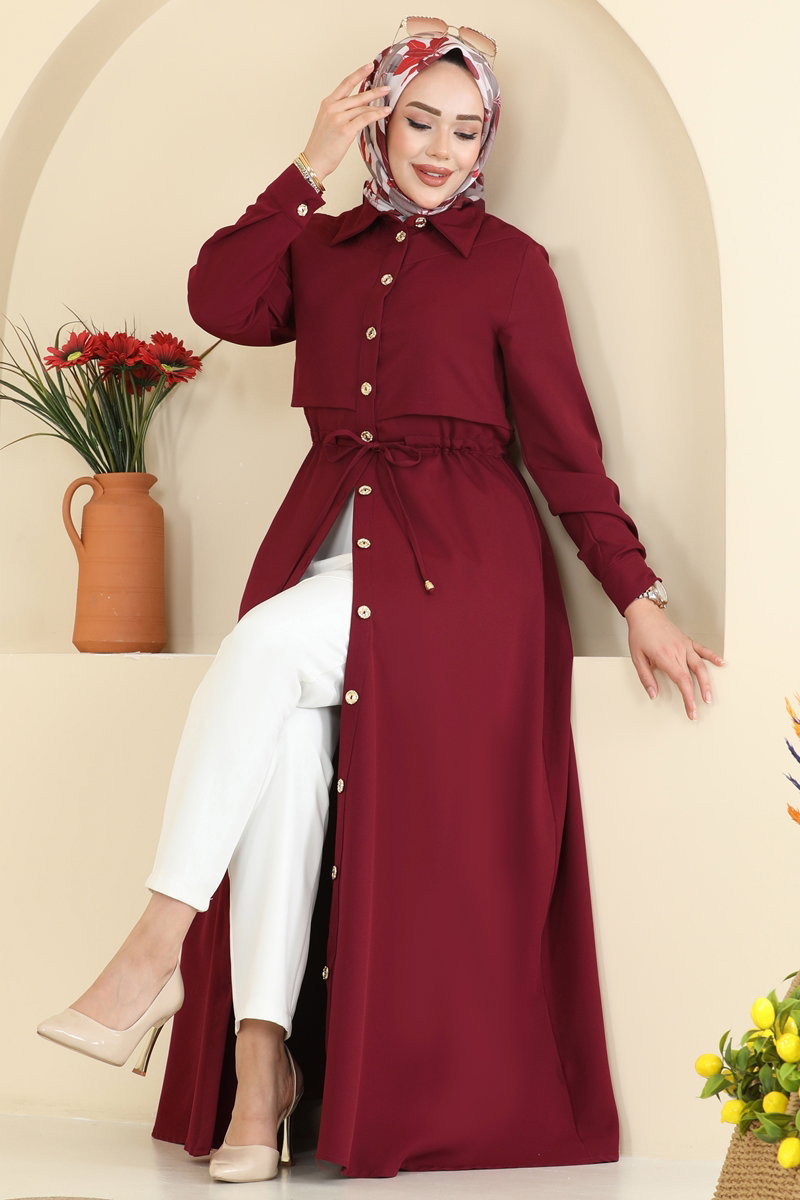 Beli Bağcıklı Dabıl Elbise 3327BLU797 Bordo
