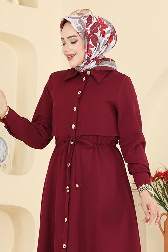 moda selvim Beli Bağcıklı Dabıl Elbise 3327BLU797 Bordo - Thumbnail