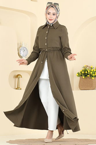 moda selvim Beli Bağcıklı Dabıl Elbise 3327BLU797 Haki - Thumbnail