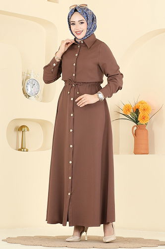 moda selvim Beli Bağcıklı Dabıl Elbise 3327BLU797 Koyu Vizyon - Thumbnail