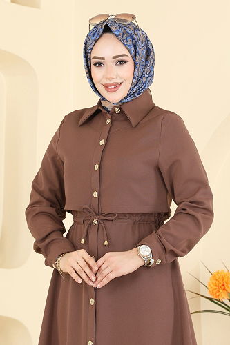 moda selvim Beli Bağcıklı Dabıl Elbise 3327BLU797 Koyu Vizyon - Thumbnail