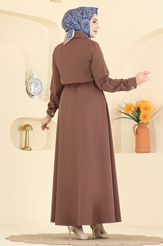 moda selvim Beli Bağcıklı Dabıl Elbise 3327BLU797 Koyu Vizyon - Thumbnail