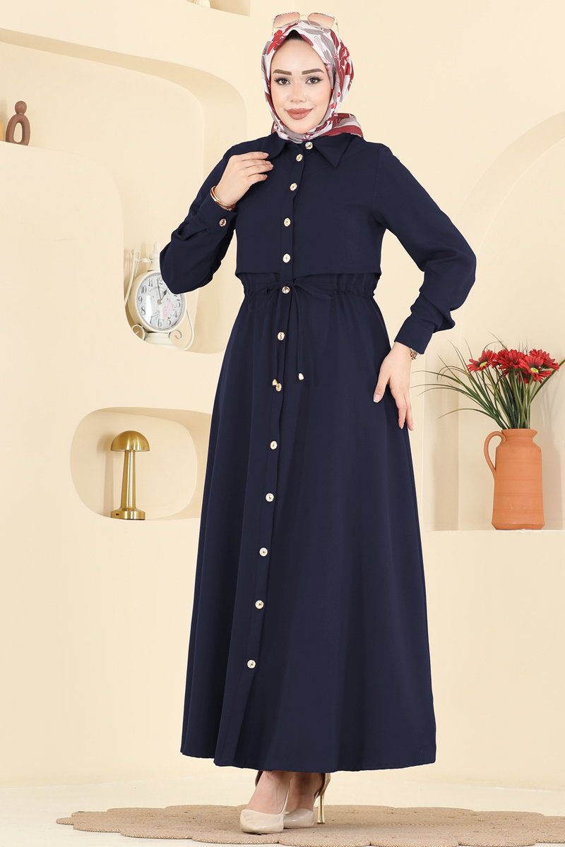 Beli Bağcıklı Dabıl Elbise 3327BLU797 Laci