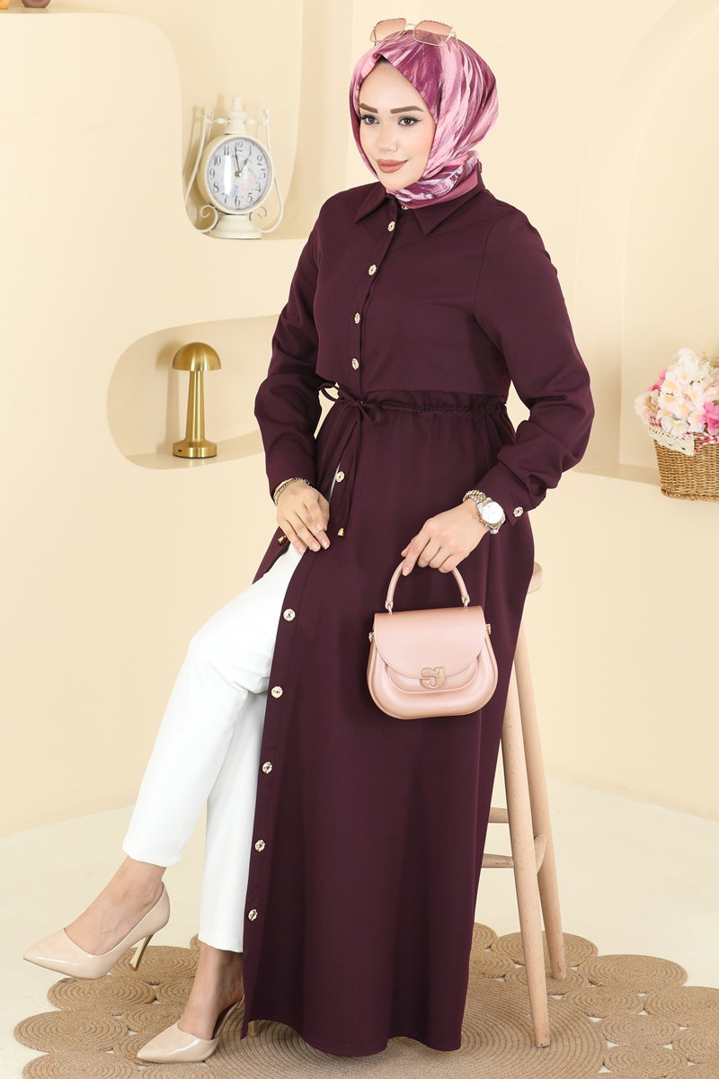 Beli Bağcıklı Dabıl Elbise 3327BLU797 Mürdüm