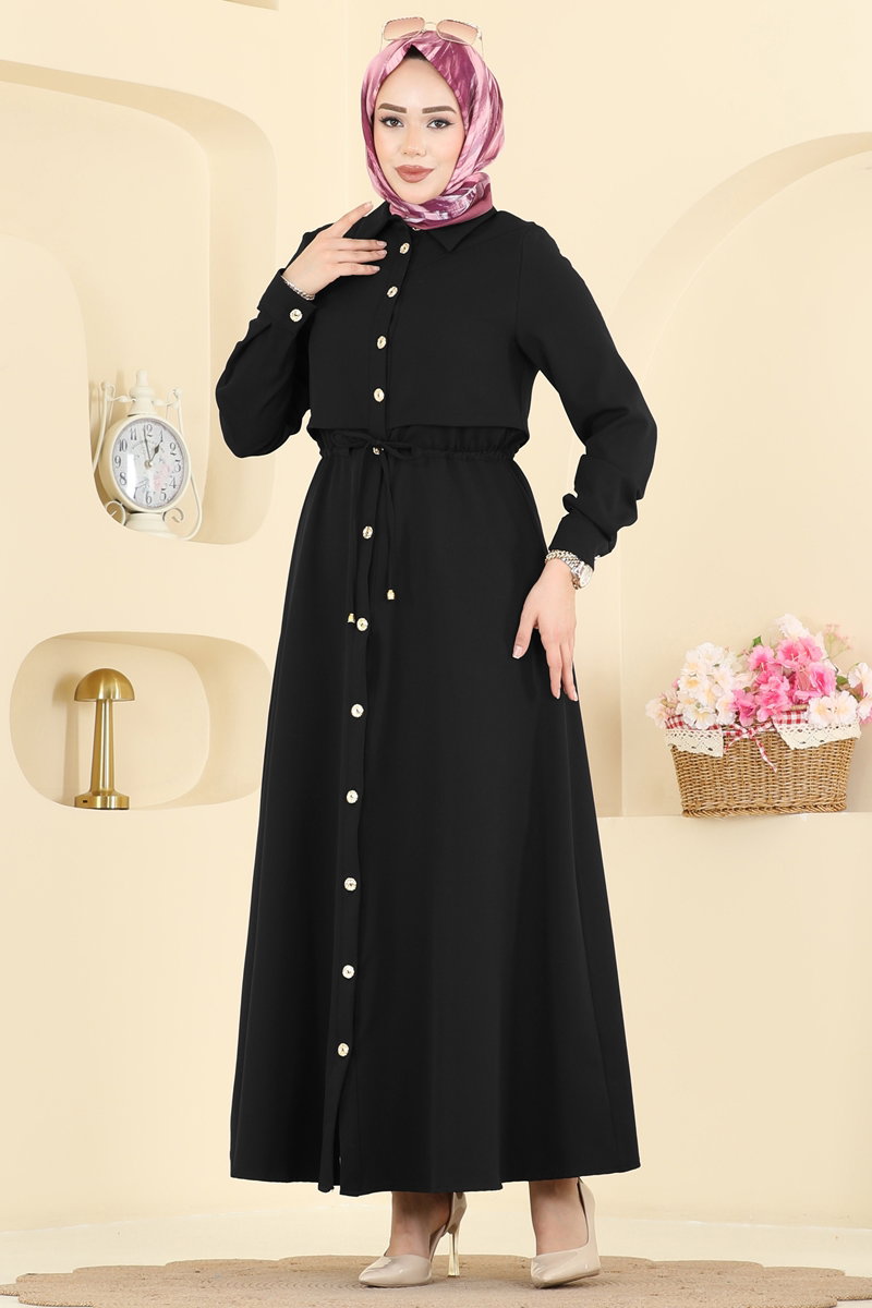 Beli Bağcıklı Dabıl Elbise 3327BLU797 Siyah