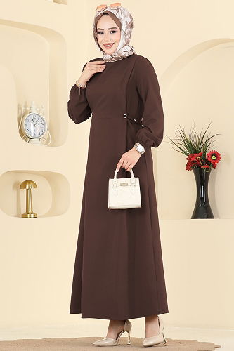 moda selvim Beli Bağcıklı Dabıl Elbise 5110ERK1158 Açık Kahve - Thumbnail