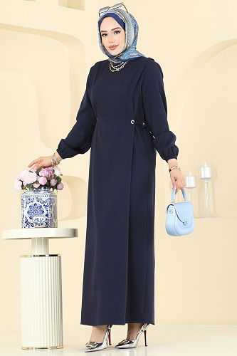 moda selvim Beli Bağcıklı Dabıl Elbise 5110ERK1158 Laci - Thumbnail