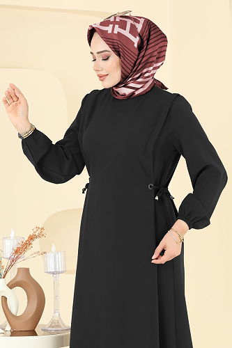 moda selvim Beli Bağcıklı Dabıl Elbise 5110ERK1158 Siyah - Thumbnail