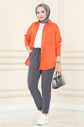 moda selvim Beli Bağcıklı Dabıl Pantolon 250MP806 Antrasit - Thumbnail