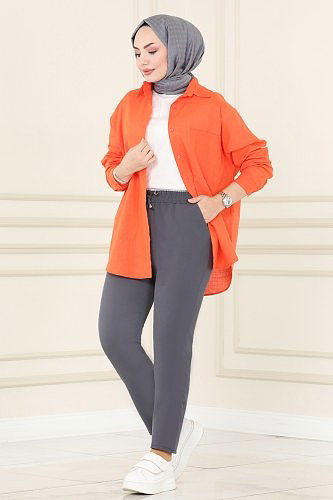 moda selvim Beli Bağcıklı Dabıl Pantolon 250MP806 Antrasit - Thumbnail