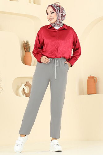 moda selvim Beli Bağcıklı Dabıl Pantolon 8109AB368 Gri - Thumbnail