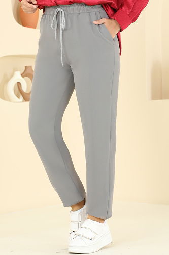 moda selvim Beli Bağcıklı Dabıl Pantolon 8109AB368 Gri - Thumbnail