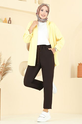 moda selvim Beli Bağcıklı Dabıl Pantolon 8109AB368 Koyu Kahve - Thumbnail