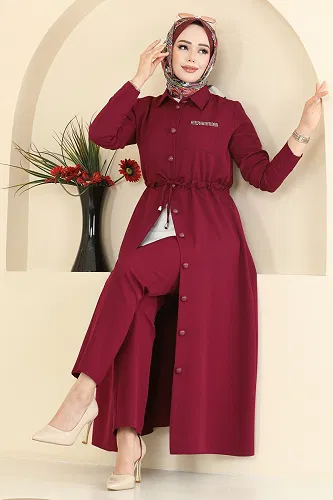 moda selvim Beli Bağcıklı Dabıl Takım 24015UKB139 Bordo - Thumbnail