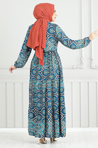 moda selvim Beli Bağcıklı Desenli Elbise 1137BGS895-M İndigo - Thumbnail