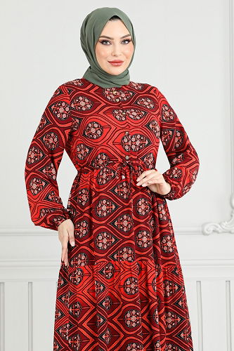 moda selvim Beli Bağcıklı Desenli Elbise 1137BGS895-M Kiremit - Thumbnail