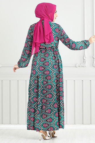 moda selvim Beli Bağcıklı Desenli Elbise 1137BGS895-M Petrol - Thumbnail