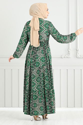 moda selvim Beli Bağcıklı Desenli Elbise 1137BGS895-M Zümrüt - Thumbnail