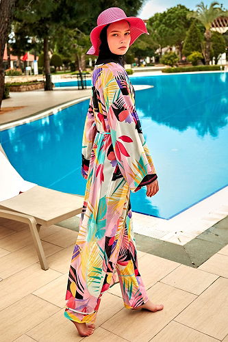 moda selvim Beli Bağcıklı Desenli Pareo 2410MRNK1139 Fuşya - Thumbnail