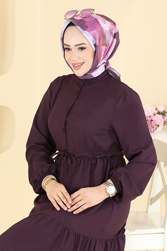 moda selvim Beli Bağcıklı Düğmeli Elbise 144NZRK1200 Mürdüm - Thumbnail