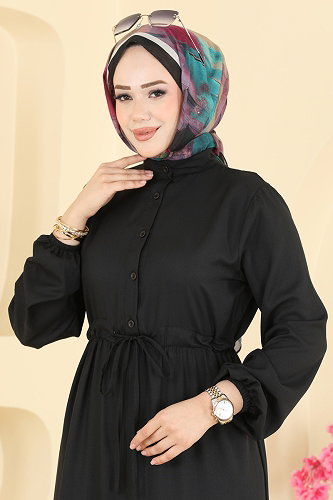 moda selvim Beli Bağcıklı Düğmeli Elbise 144NZRK1200 Siyah - Thumbnail