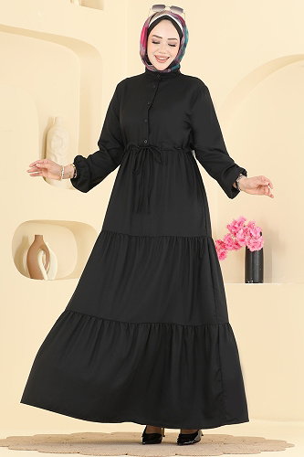 moda selvim Beli Bağcıklı Düğmeli Elbise 144NZRK1200 Siyah - Thumbnail