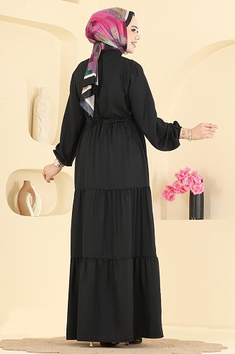 moda selvim Beli Bağcıklı Düğmeli Elbise 144NZRK1200 Siyah - Thumbnail