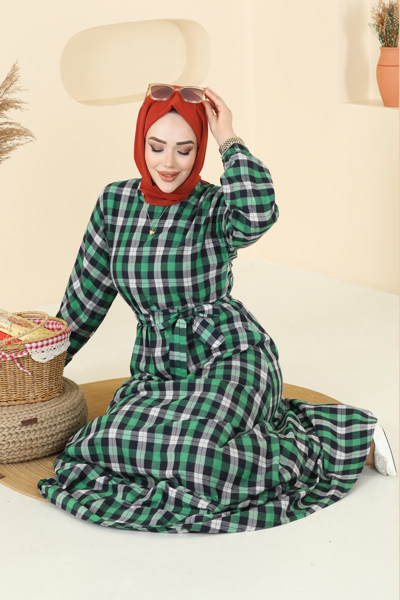 Beli Bağcıklı Ekose Elbise 4124PM271 Benetton Yeşili