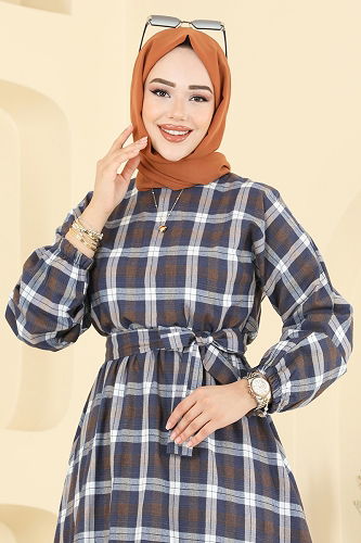 moda selvim Beli Bağcıklı Ekose Elbise 4124PM271 Laci - Thumbnail