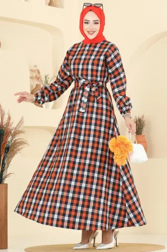 P.R.M. - Beli Bağcıklı Ekose Elbise 4124PM271 Oranj