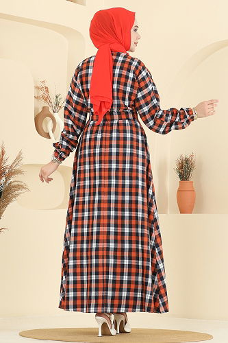 moda selvim Beli Bağcıklı Ekose Elbise 4124PM271 Oranj - Thumbnail