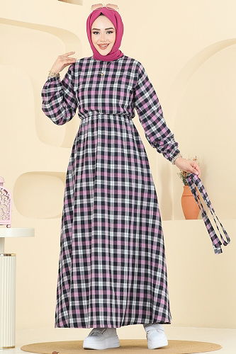 moda selvim Beli Bağcıklı Ekose Elbise 4124PM271 Pembe - Thumbnail