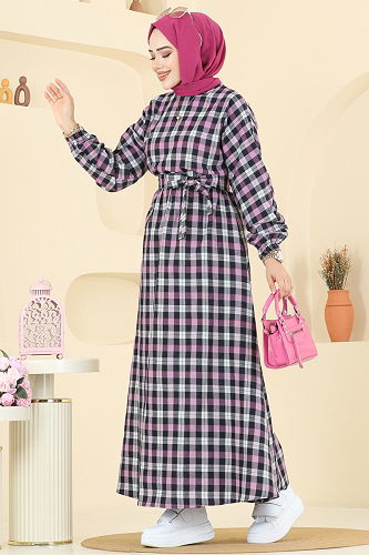 moda selvim Beli Bağcıklı Ekose Elbise 4124PM271 Pembe - Thumbnail