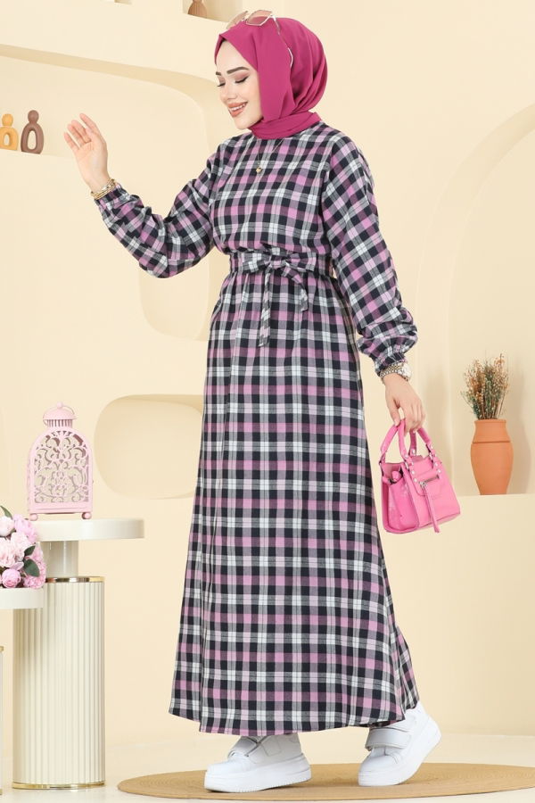 Modaselvim Elbise Beli Bağcıklı Ekose Elbise 4124PM271 Pembe