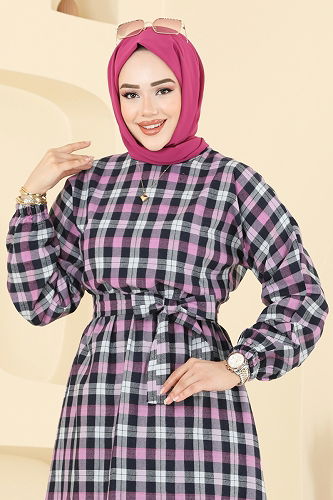 moda selvim Beli Bağcıklı Ekose Elbise 4124PM271 Pembe - Thumbnail