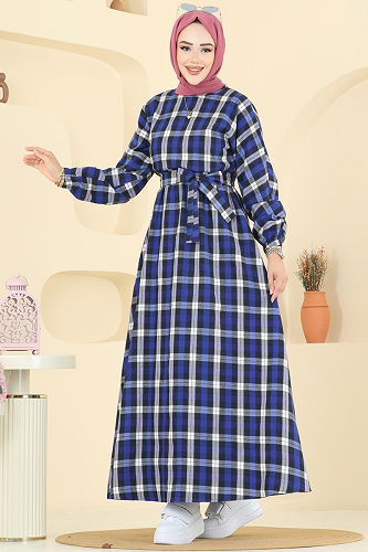 moda selvim Beli Bağcıklı Ekose Elbise 4124PM271 Saks - Thumbnail