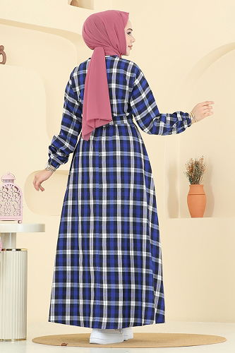 moda selvim Beli Bağcıklı Ekose Elbise 4124PM271 Saks - Thumbnail