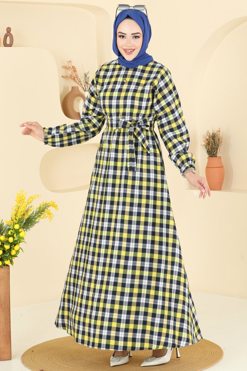 Beli Bağcıklı Ekose Elbise 4124PM271 Sarı