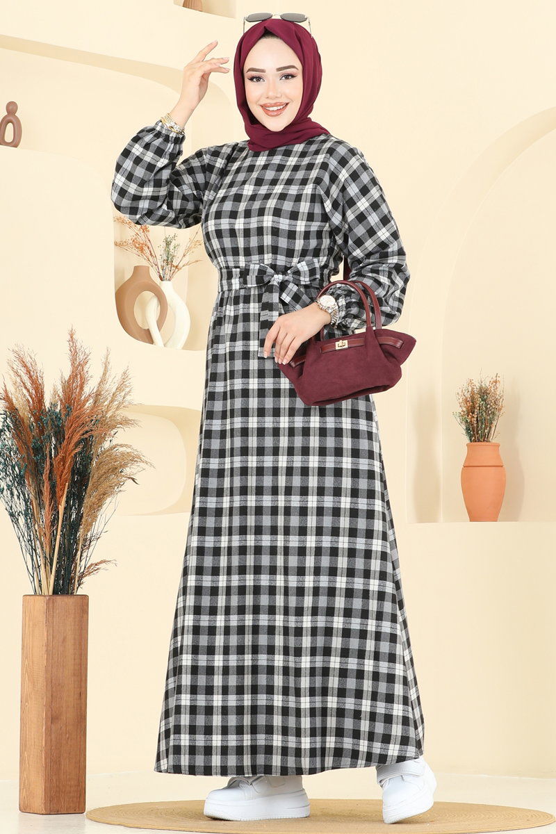 Beli Bağcıklı Ekose Elbise 4124PM271 Siyah