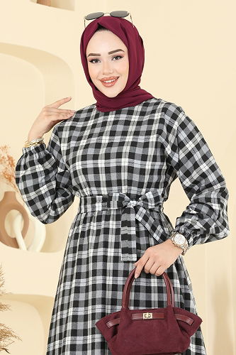 moda selvim Beli Bağcıklı Ekose Elbise 4124PM271 Siyah - Thumbnail