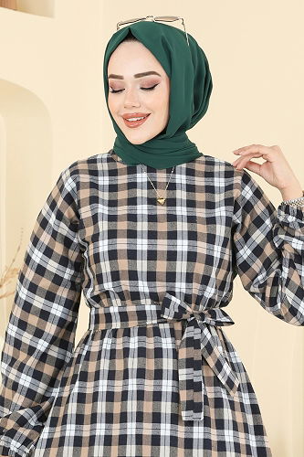 moda selvim Beli Bağcıklı Ekose Elbise 4124PM271 Vizyon - Thumbnail