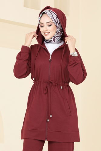 moda selvim Beli Bağcıklı Fermuarlı Takım 296DVL817 Bordo - Thumbnail