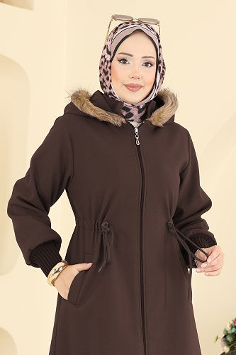 moda selvim Beli Bağcıklı Kaşe Kaban 6265BSK463 Acı Kahve - Thumbnail