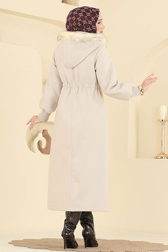 moda selvim Beli Bağcıklı Kaşe Kaban 6265BSK463 Bej - Thumbnail